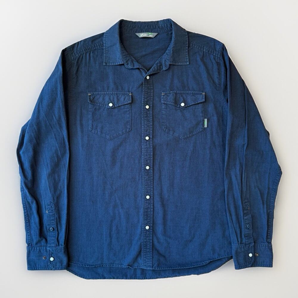 Stio Pearl Snap Shirt Large Blue Cotton Button Up Long Sleeve Outdoors Workwear